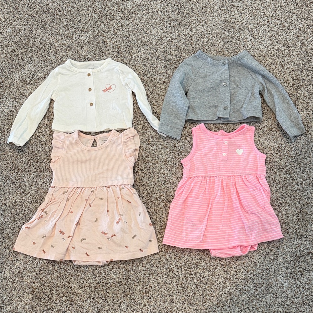 Carter's Pink & Cream Dress and Cardigan Set with Gray Sweater